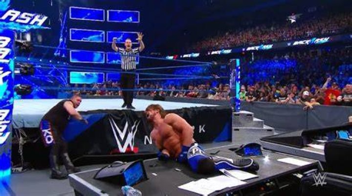 AJ Styles gets his foot stuck in a table at Backlash 2017